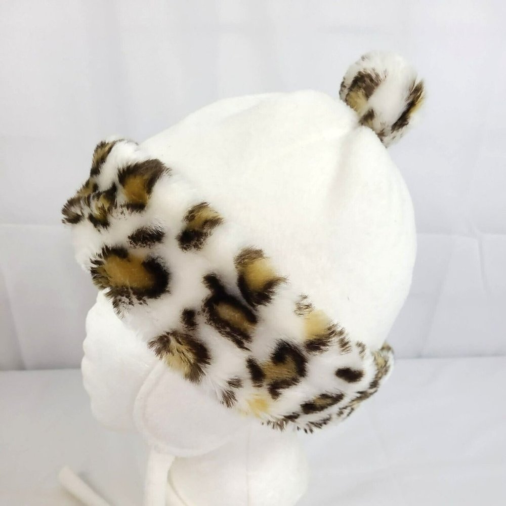 EUC Animal Leopard Print Youth 2-4T Trapper Beanie Cap Hat Ivory Earflap Tie - Picture 2 of 7